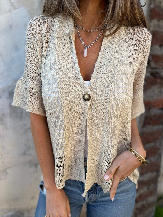 Women's Textured V-Neck Button Top Relaxed Fit Lightweight Casual Elegant Blouse