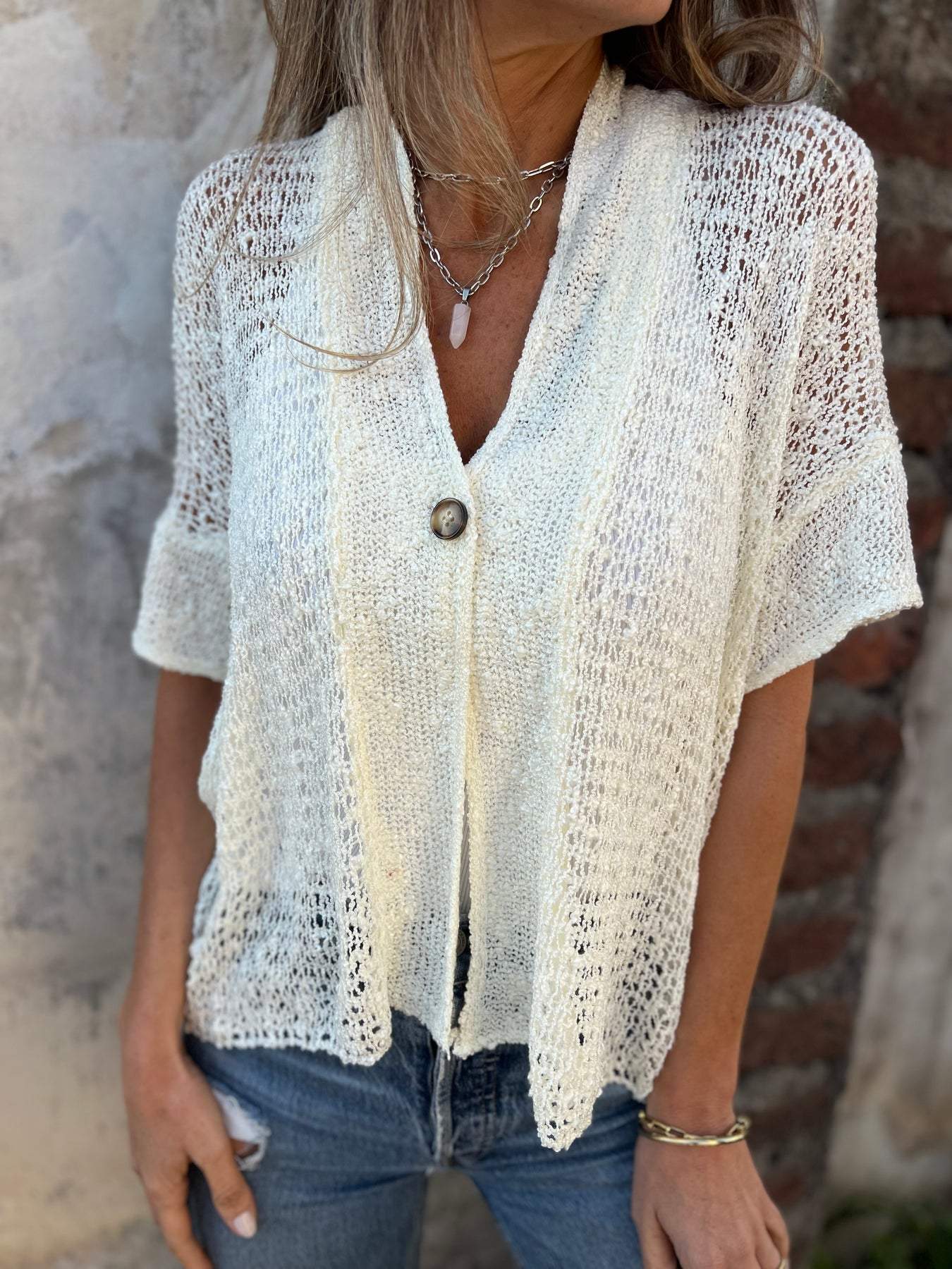Women's Textured V-Neck Button Top Relaxed Fit Lightweight Casual Elegant Blouse