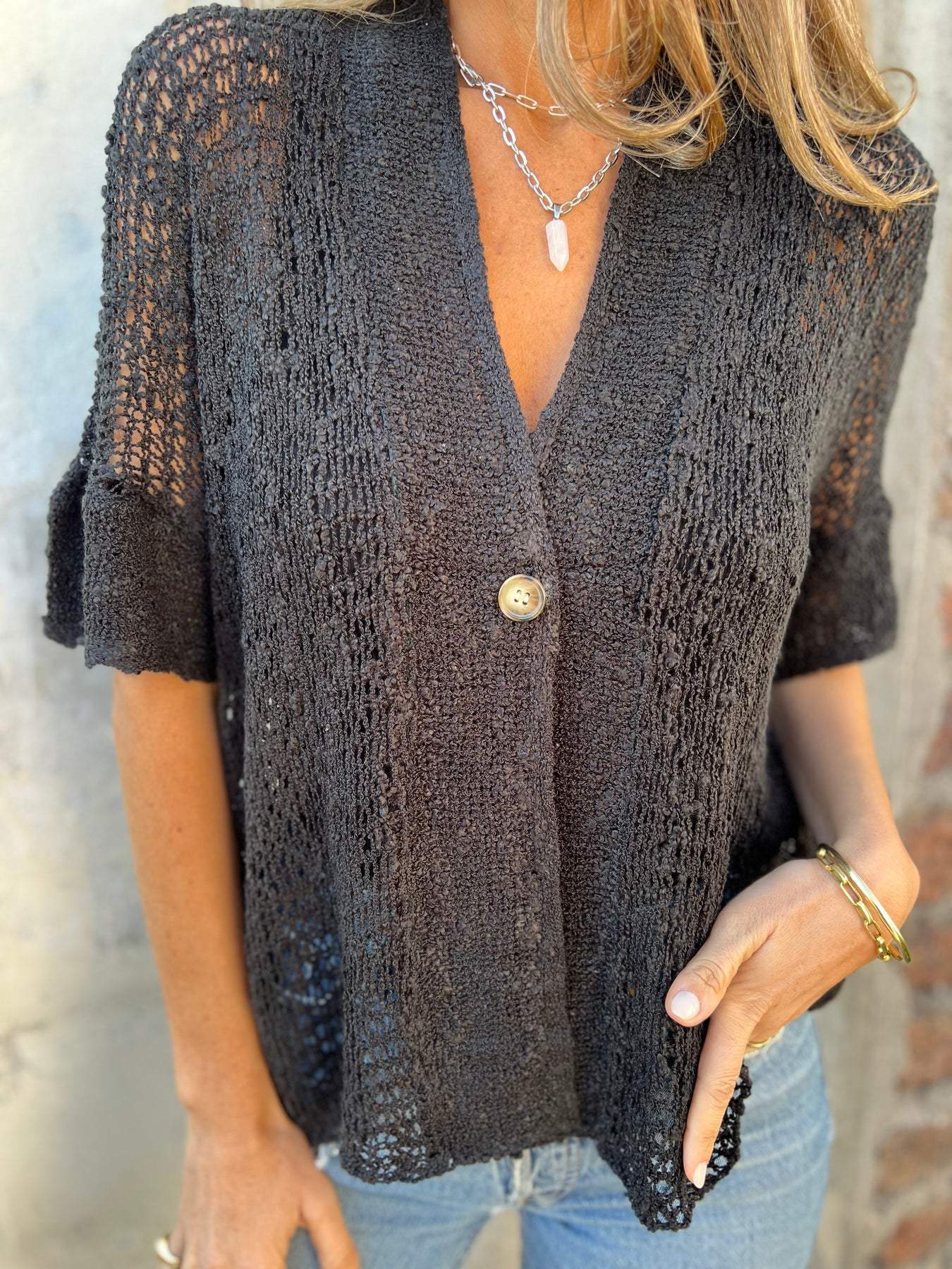 Women's Textured V-Neck Button Top Relaxed Fit Lightweight Casual Elegant Blouse