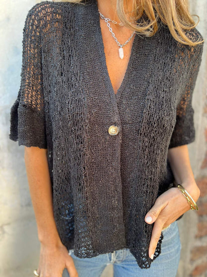 Women's Textured V-Neck Button Top Relaxed Fit Lightweight Casual Elegant Blouse