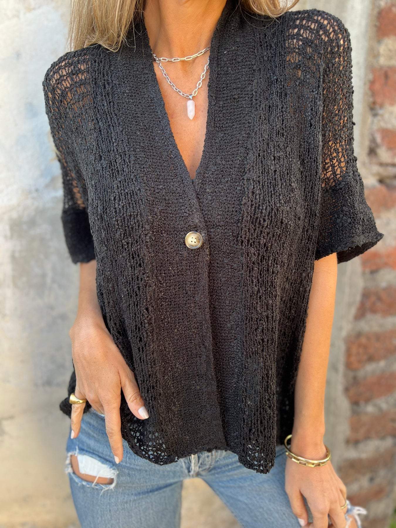 Women's Textured V-Neck Button Top Relaxed Fit Lightweight Casual Elegant Blouse