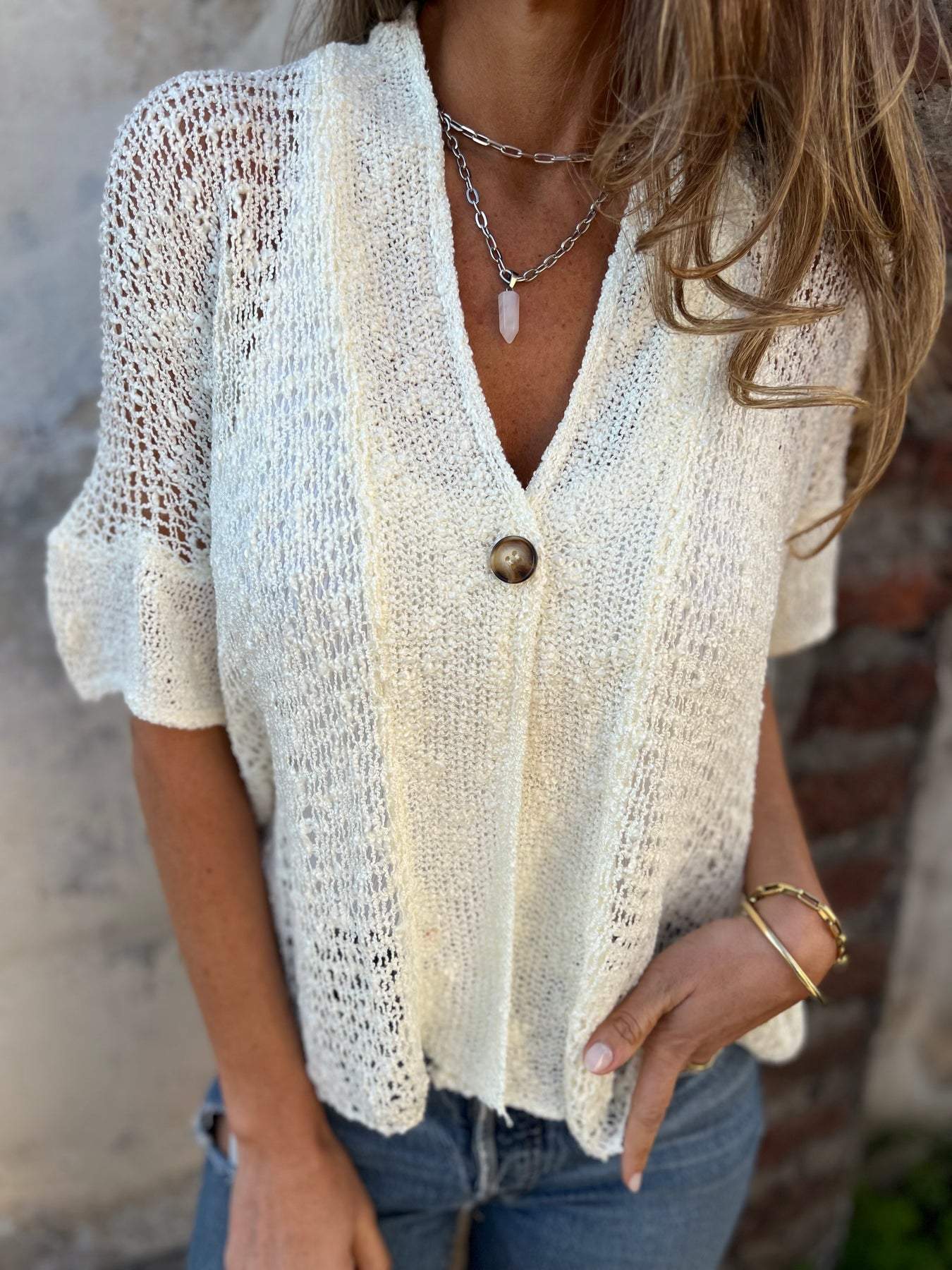 Women's Textured V-Neck Button Top Relaxed Fit Lightweight Casual Elegant Blouse