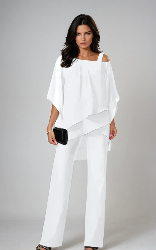 Women's Elegant Two Piece Set Asymmetric Top and Wide Leg Pants Outfit