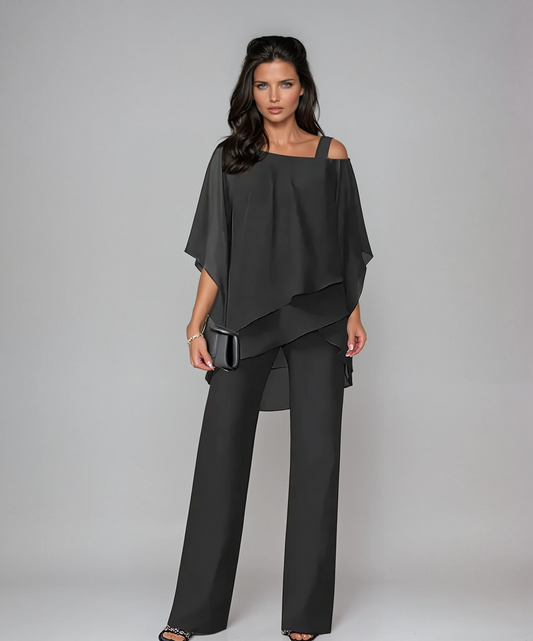 Women's Elegant Two Piece Set Asymmetric Top and Wide Leg Pants Outfit