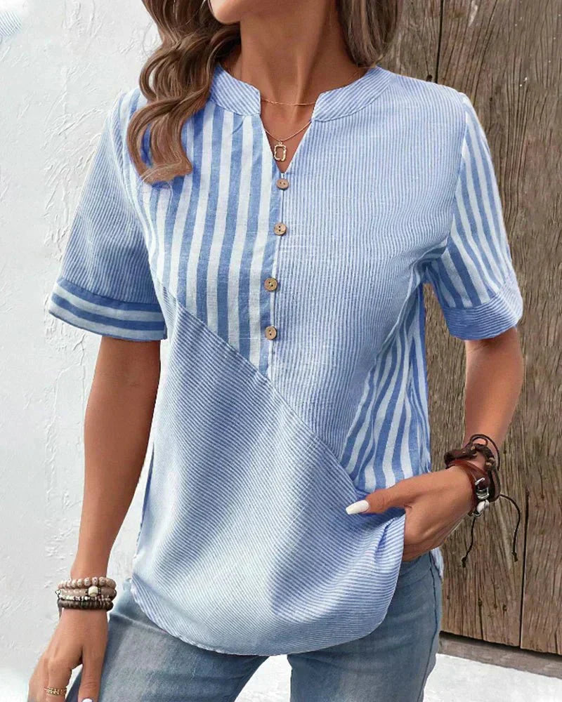 Women's Striped Button V-Neck Blouse Relaxed Fit Lightweight Casual Summer Top