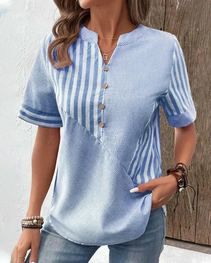 Women's Striped Button V-Neck Blouse Relaxed Fit Lightweight Casual Summer Top