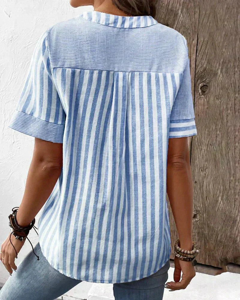 Women's Striped Button V-Neck Blouse Relaxed Fit Lightweight Casual Summer Top