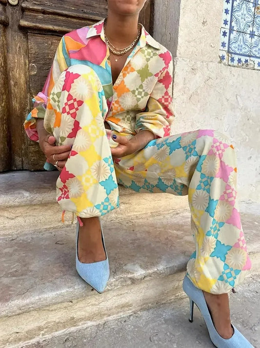 Women's Colorful Two Piece Set Casual Shirt and Pants Spring Outfit