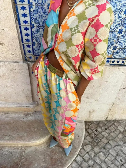 Women's Colorful Two Piece Set Casual Shirt and Pants Spring Outfit