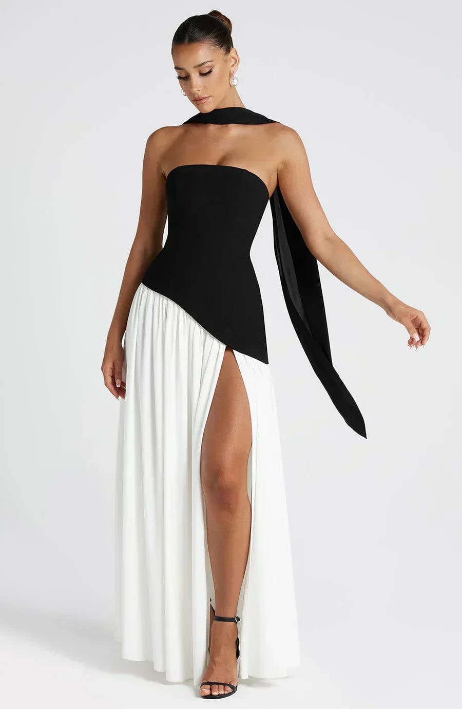 Women’s Strapless Maxi Dress with High Slit and Draped Waist