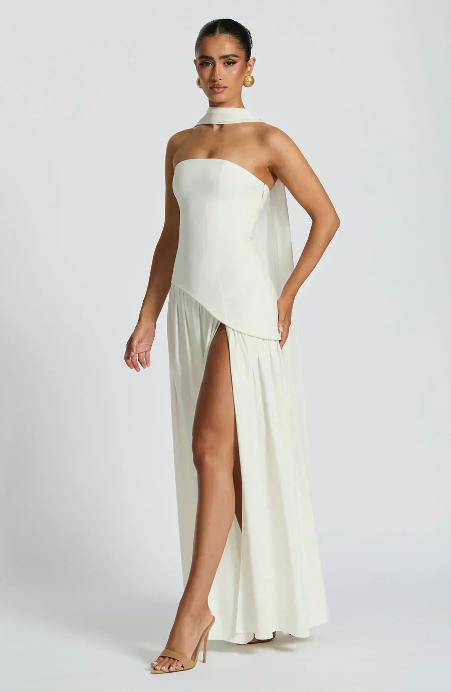 Women’s Strapless Maxi Dress with High Slit and Draped Waist