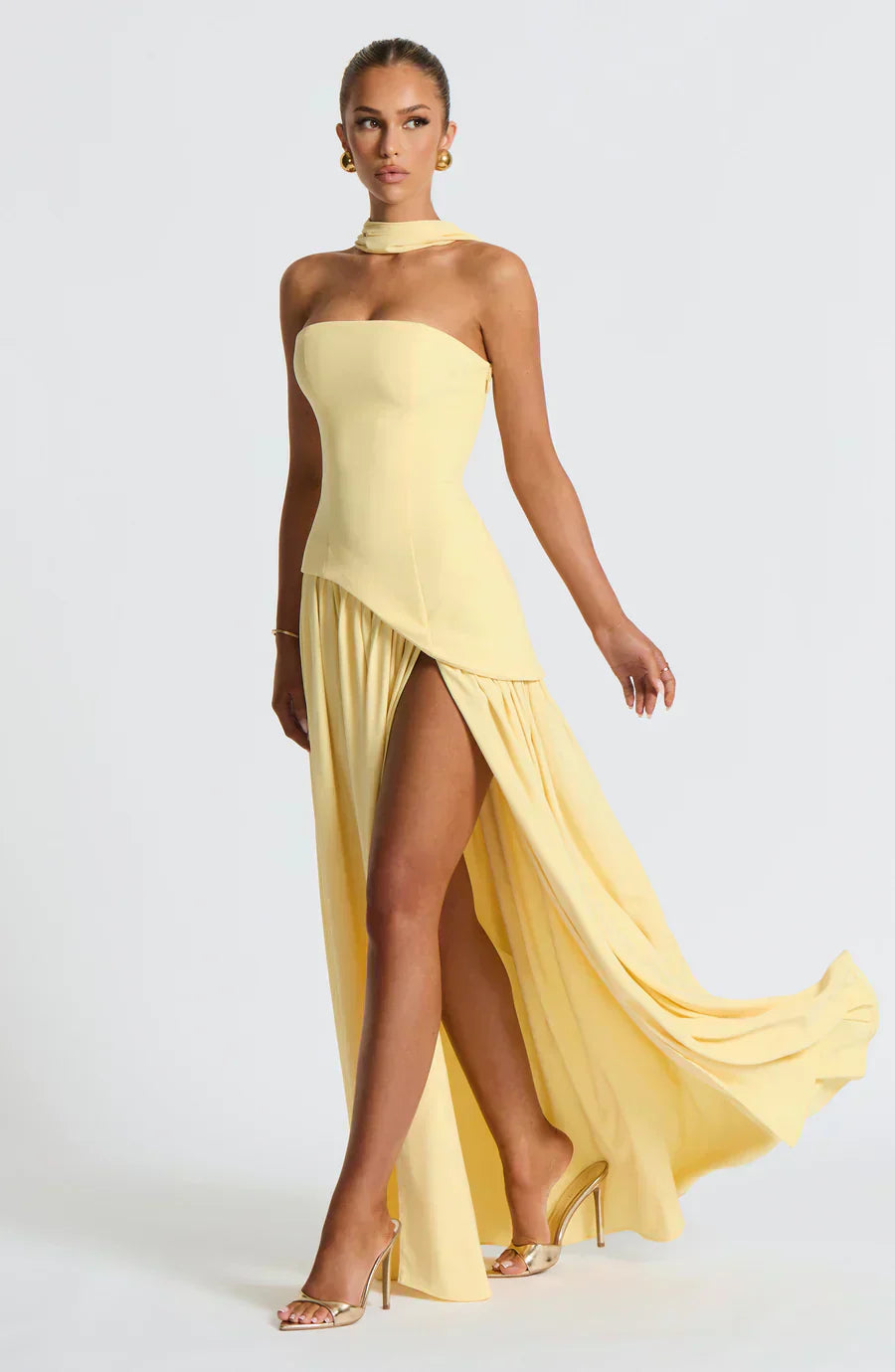 Women’s Strapless Maxi Dress with High Slit and Draped Waist