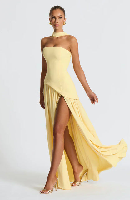 Women’s Strapless Maxi Dress with High Slit and Draped Waist