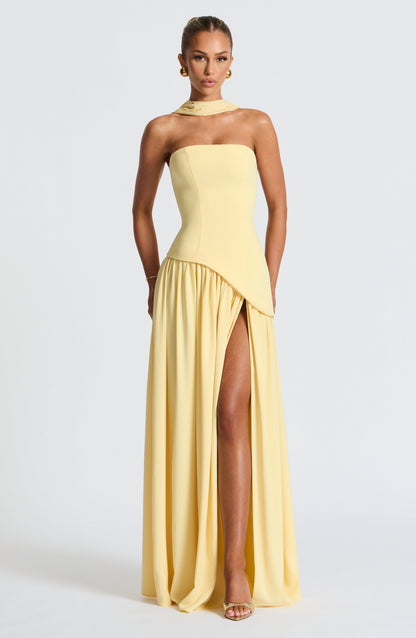 Women’s Strapless Maxi Dress with High Slit and Draped Waist