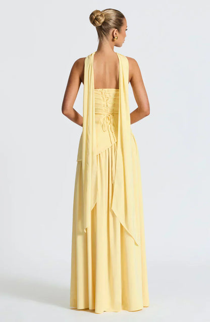 Women’s Strapless Maxi Dress with High Slit and Draped Waist