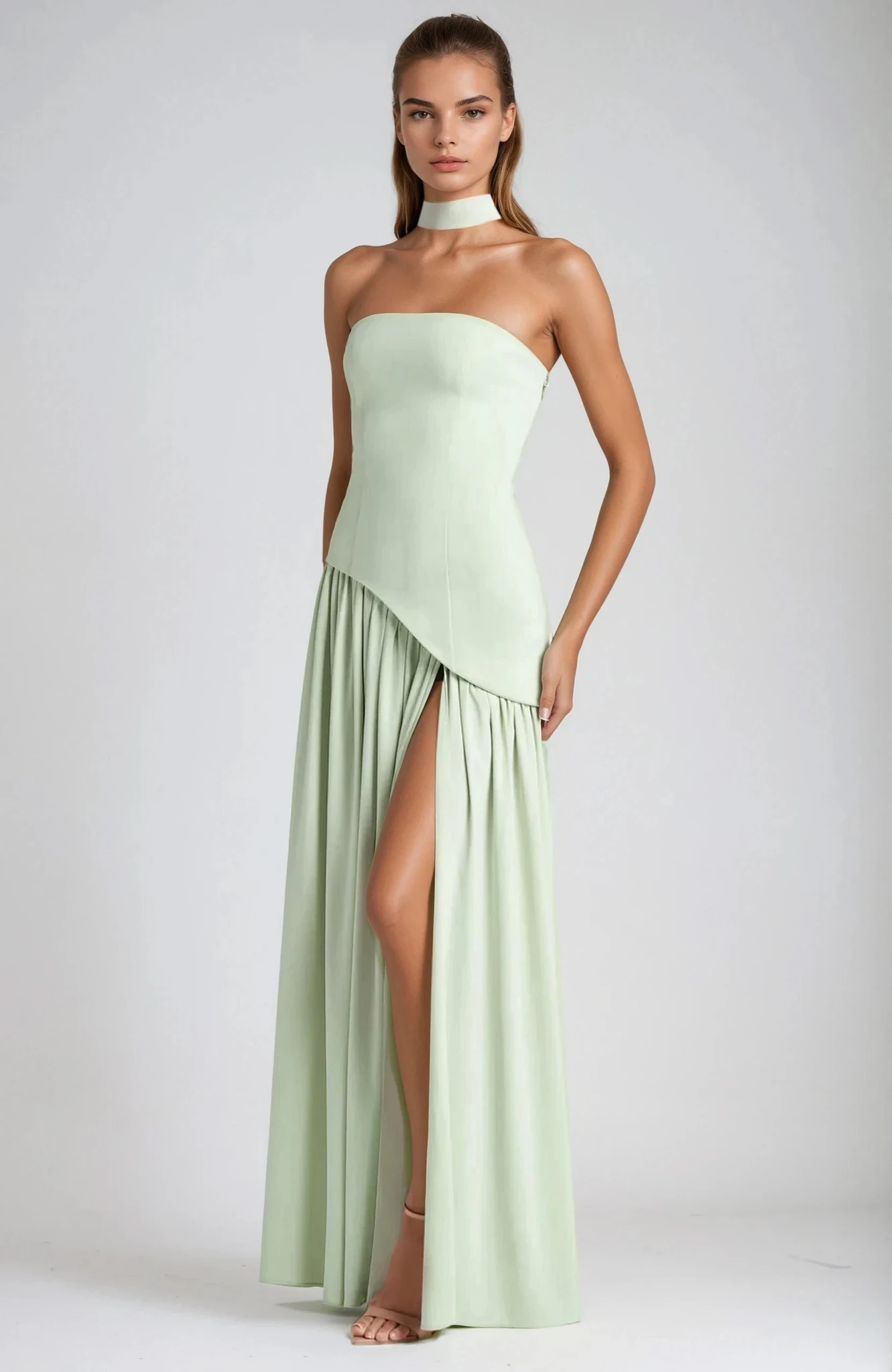 Women’s Strapless Maxi Dress with High Slit and Draped Waist