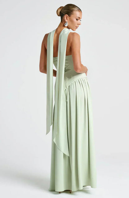 Women’s Strapless Maxi Dress with High Slit and Draped Waist