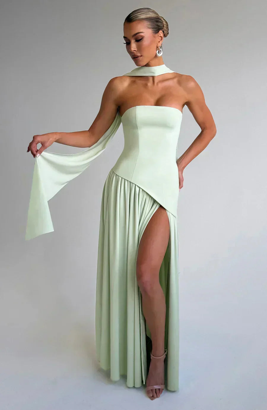 Women’s Strapless Maxi Dress with High Slit and Draped Waist