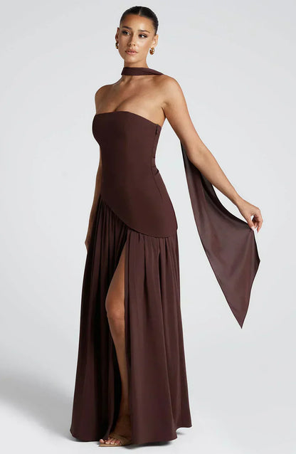 Women’s Strapless Maxi Dress with High Slit and Draped Waist