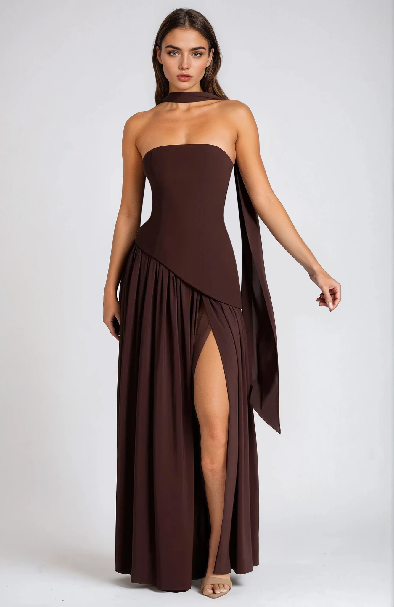 Women’s Strapless Maxi Dress with High Slit and Draped Waist