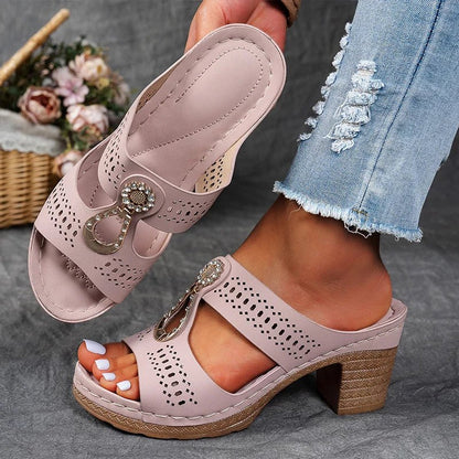 Women’s Orthopedic Heeled Sandals with Buckle Strap and Cushioned Support