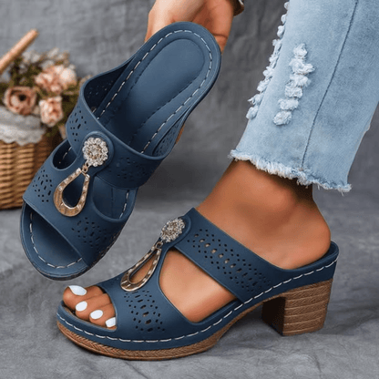 Women’s Orthopedic Heeled Sandals with Buckle Strap and Cushioned Support