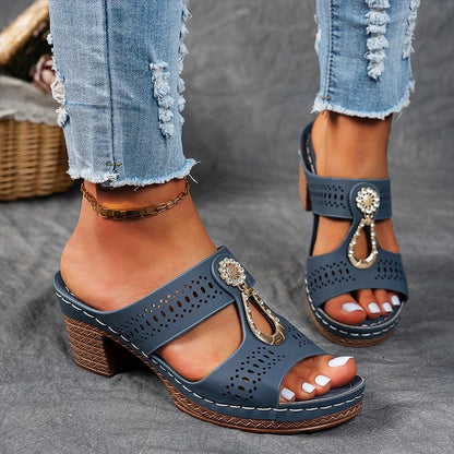 Women’s Orthopedic Heeled Sandals with Buckle Strap and Cushioned Support