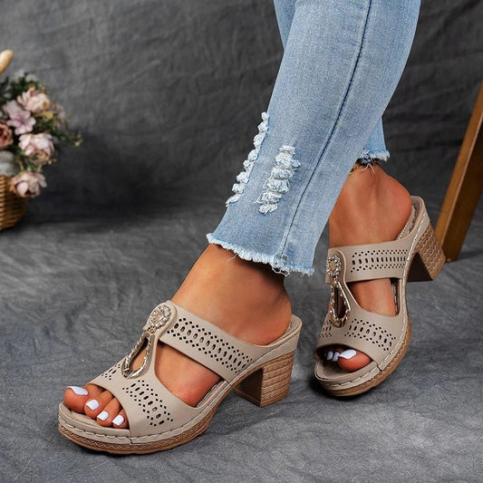 Women’s Orthopedic Heeled Sandals with Buckle Strap and Cushioned Support