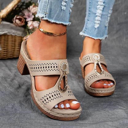 Women’s Orthopedic Heeled Sandals with Buckle Strap and Cushioned Support