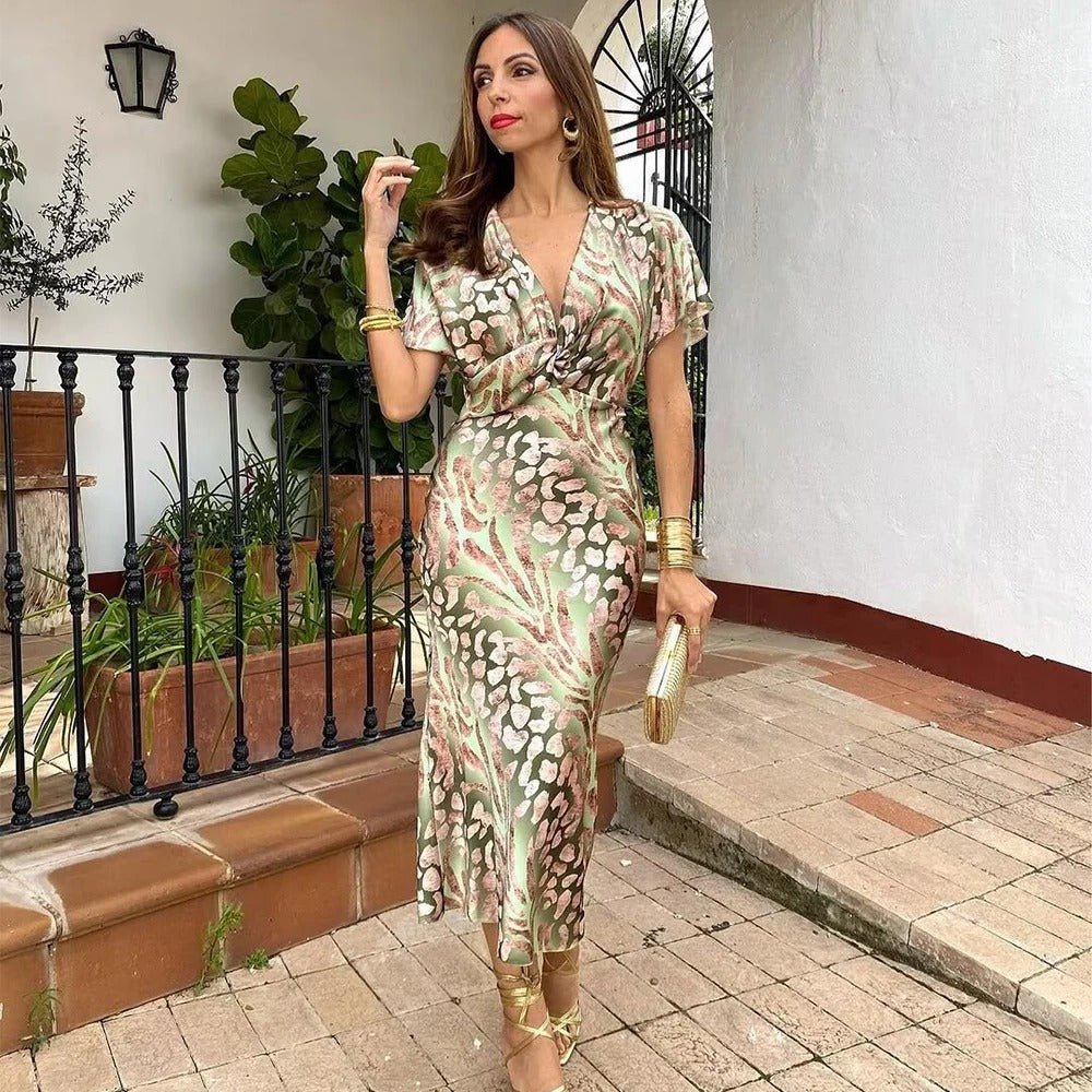 Women’s Wrap Midi Dress with Elegant Neckline and Flowing Fit
