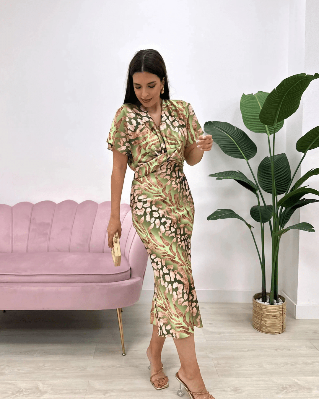 Women’s Wrap Midi Dress with Elegant Neckline and Flowing Fit