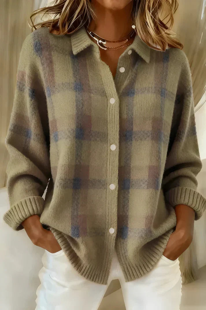 Classic Plaid Knit Button Shirt for Women
