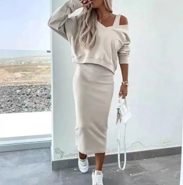 Women's Off Shoulder Two Piece Set Relaxed Top and Fitted Midi Skirt Elegant Outfit