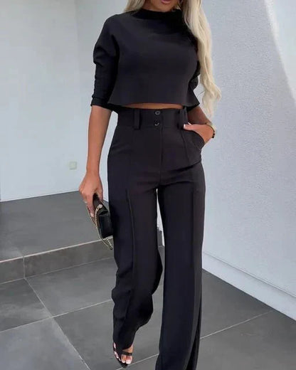 Women's Cropped Top & High Waist Pants Set Elegant Two Piece Work Outfit