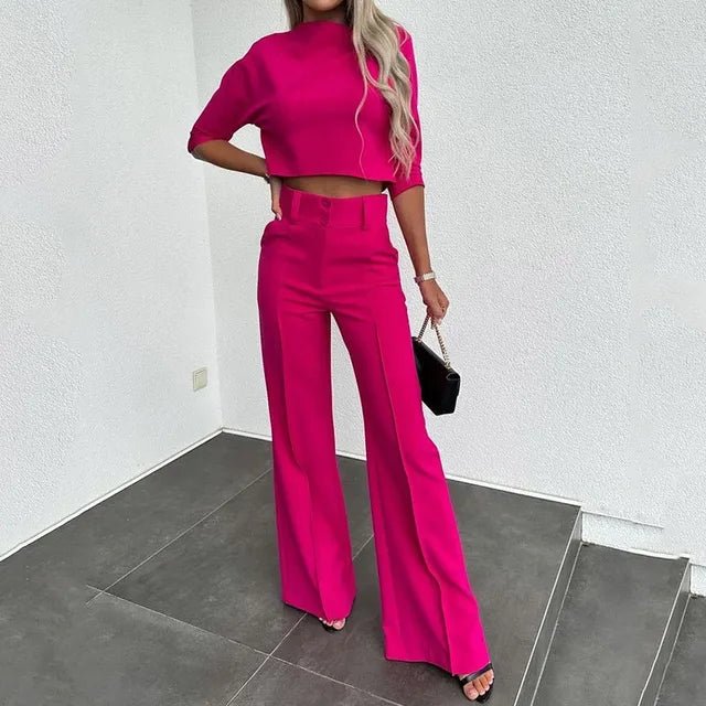 Women's Cropped Top & High Waist Pants Set Elegant Two Piece Work Outfit