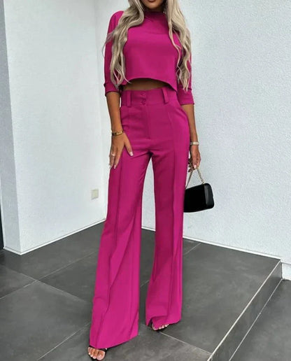Women's Cropped Top & High Waist Pants Set Elegant Two Piece Work Outfit