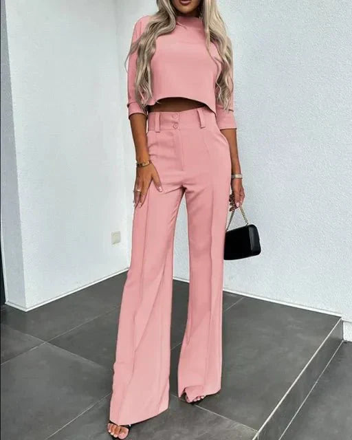 Women's Cropped Top & High Waist Pants Set Elegant Two Piece Work Outfit