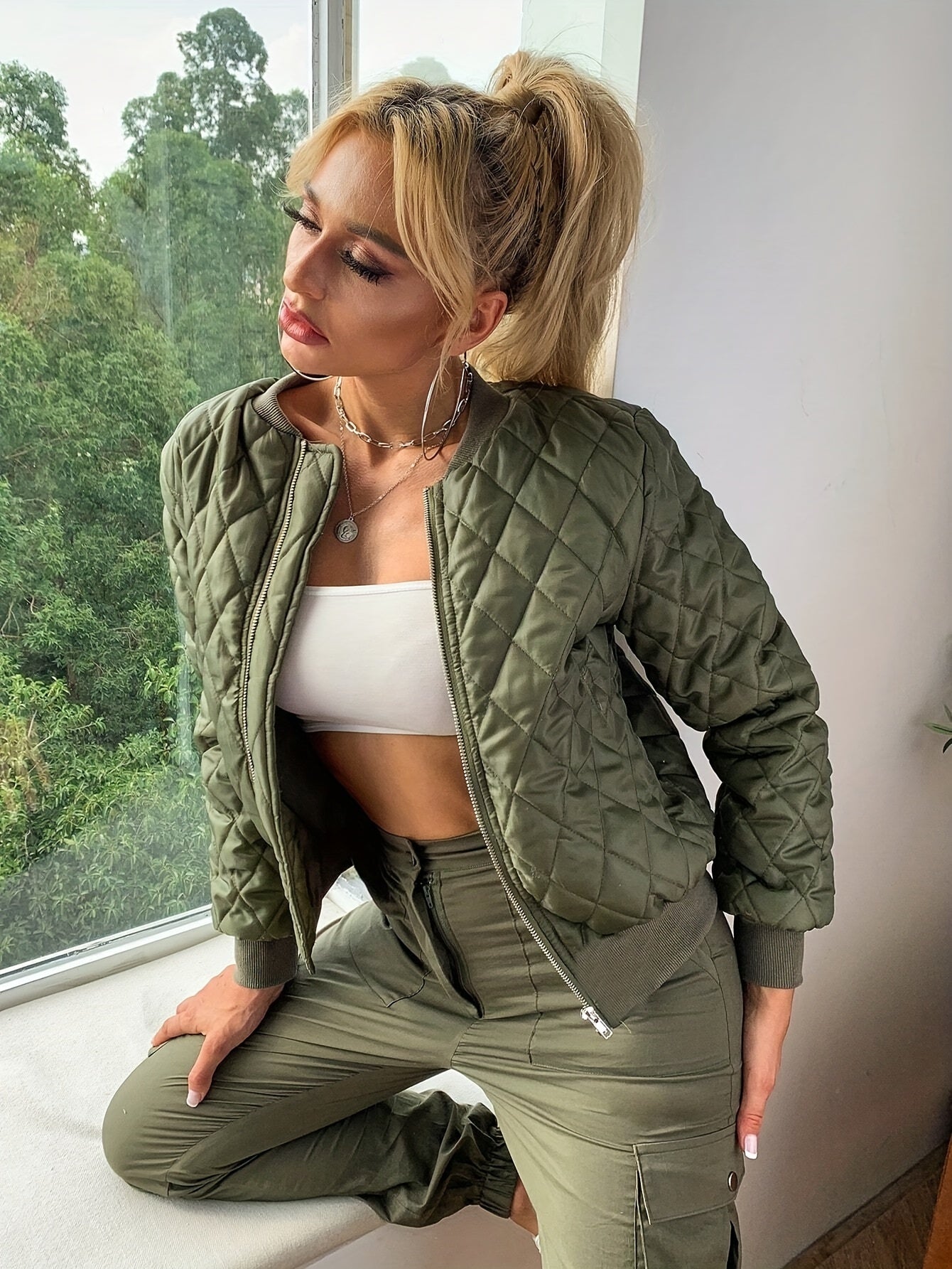 Gepolsterte Bomberjacke Stylischer Casual Zip-Up Damen