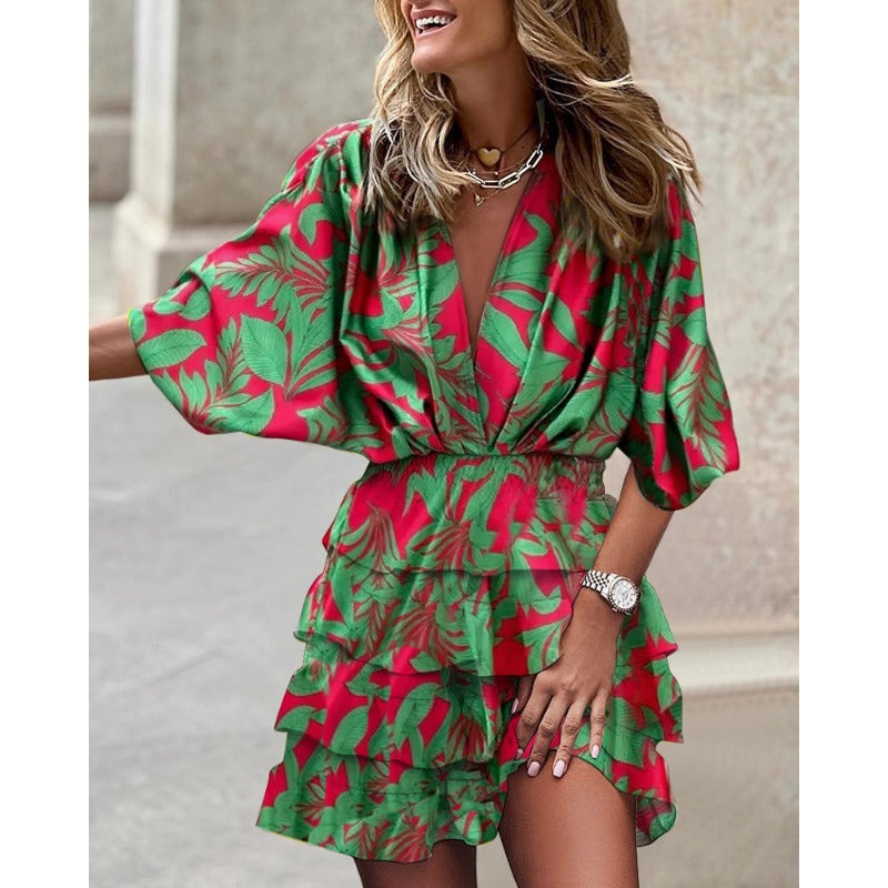 Women’s Wrap Mini Dress with Flowing Sleeves and Relaxed Fit