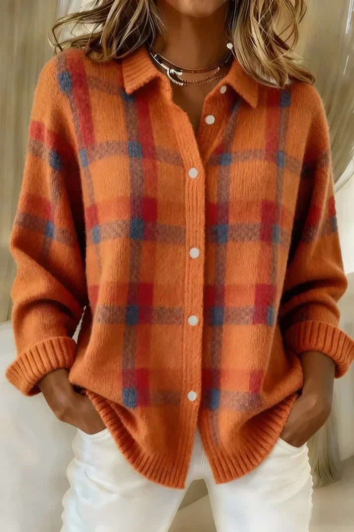 Classic Plaid Knit Button Shirt for Women