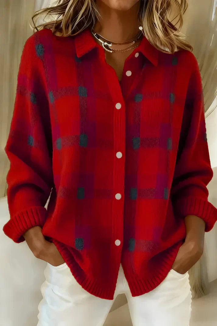 Classic Plaid Knit Button Shirt for Women