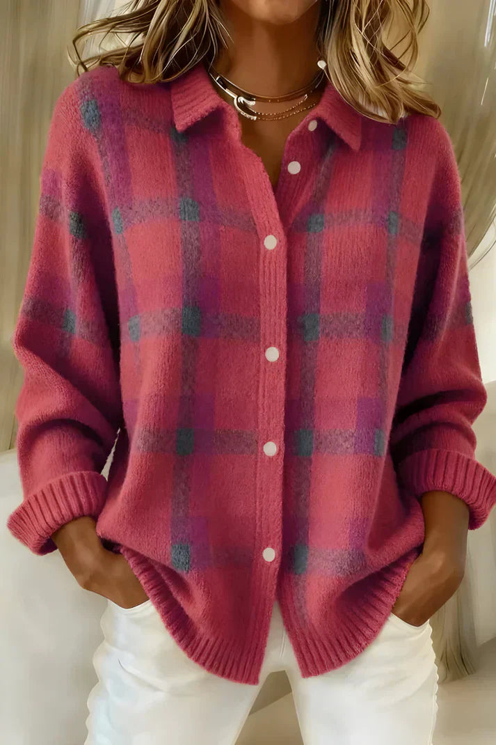 Classic Plaid Knit Button Shirt for Women
