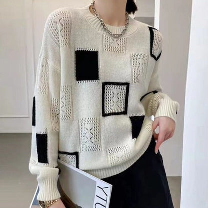 Moderner Strickpullover Mit Blockmuster Für Damen