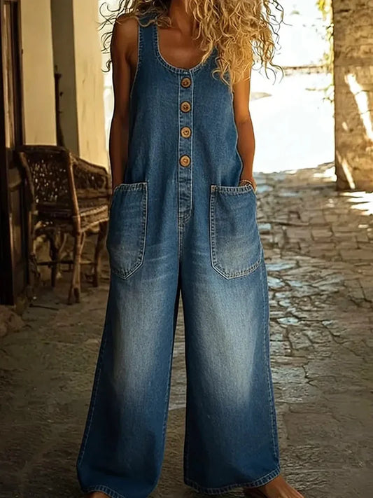 Women's Denim Overalls Jumpsuit with Button Front and Pockets