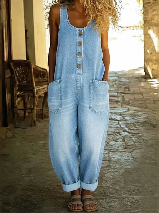 Women's Denim Overalls Jumpsuit with Button Front and Pockets