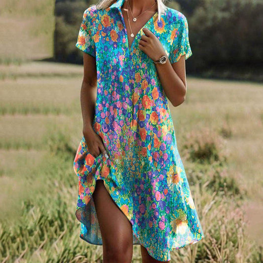 Women’s Boho Floral V Neck Flowing Summer Midi Dress