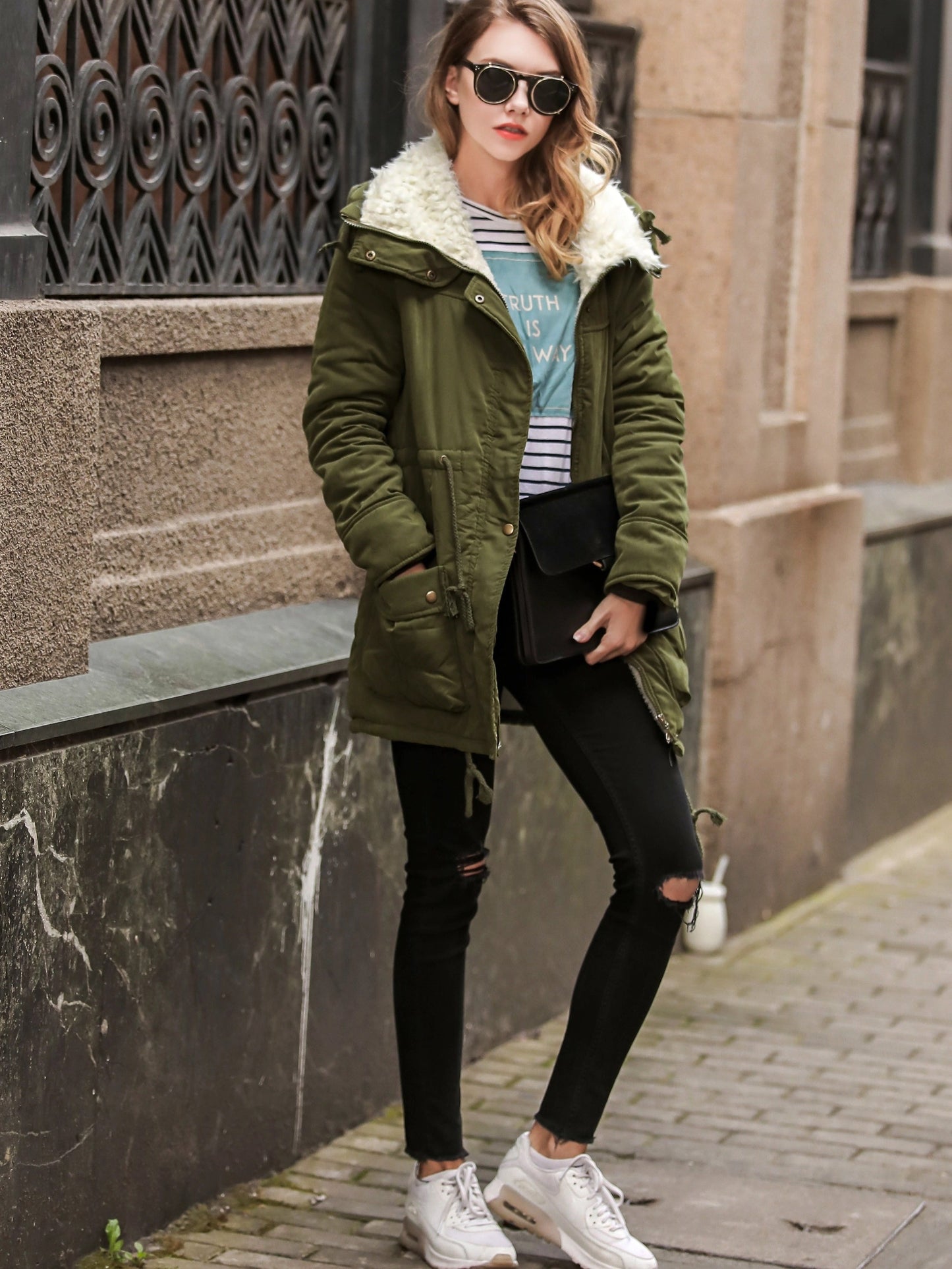 Parka Jacke mit Kapuze und Kunstfell für Winter Damen
