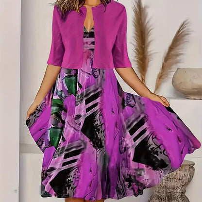 Women's Two Piece Dress Set with Sleeveless Dress and Cropped Cardigan