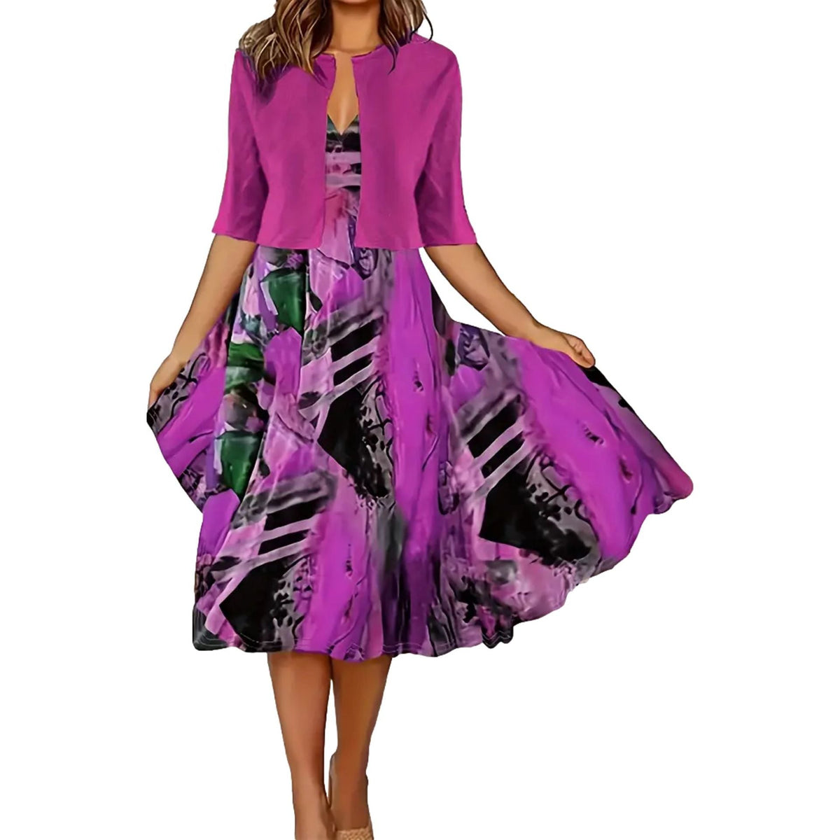 Women's Two Piece Dress Set with Sleeveless Dress and Cropped Cardigan
