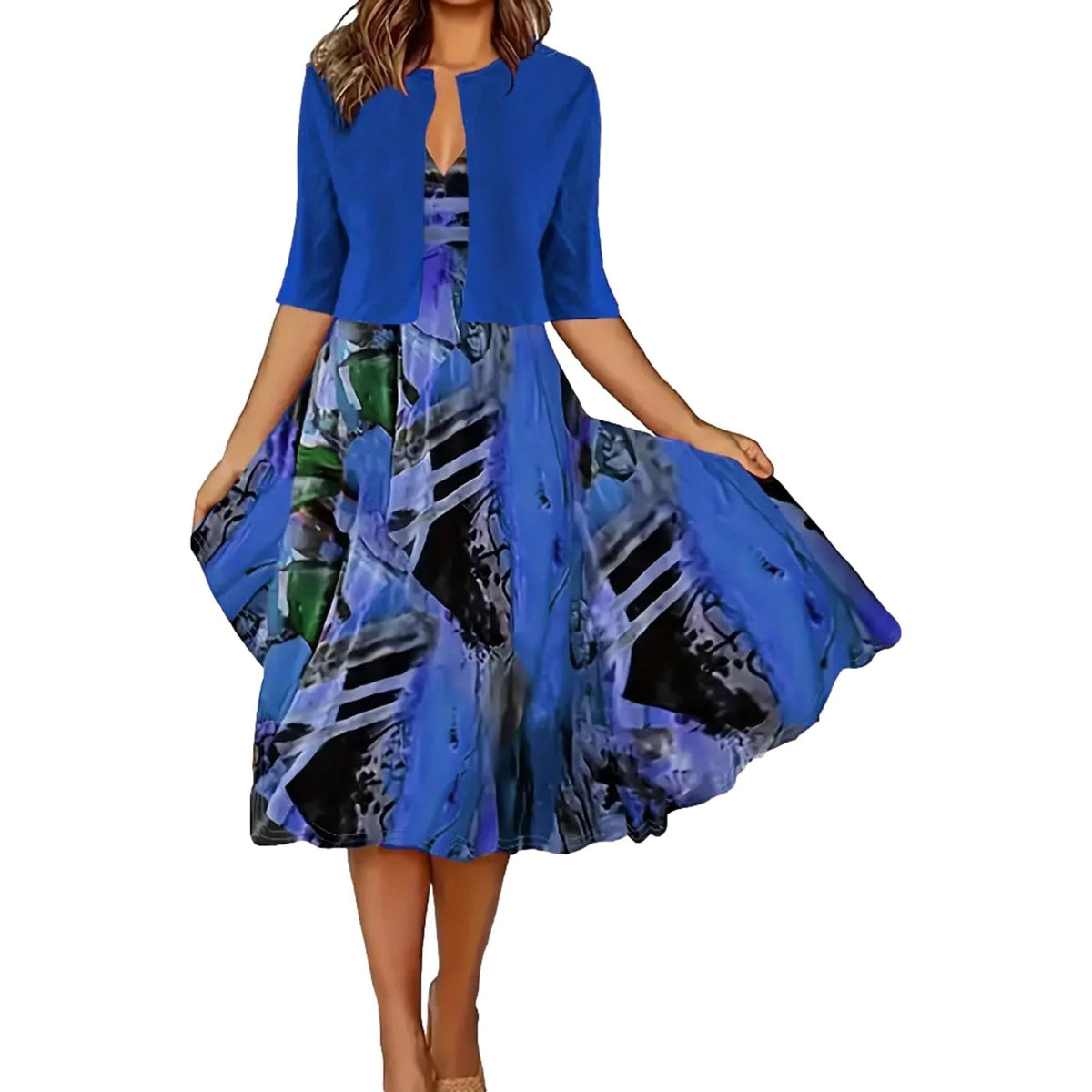 Women's Two Piece Dress Set with Sleeveless Dress and Cropped Cardigan